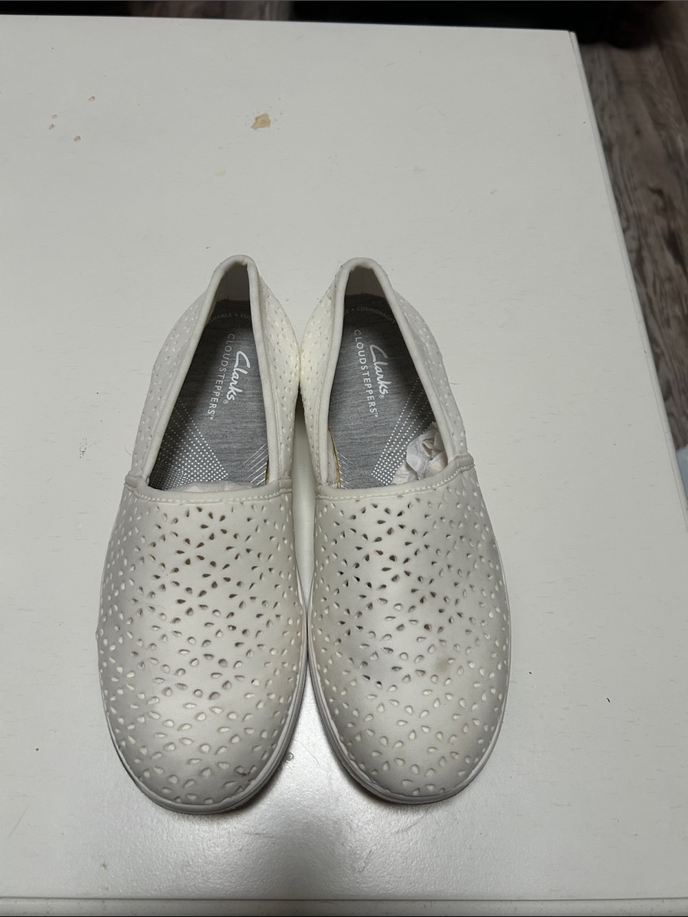 Clarks Cream Perforated Slip-On Flats cloud steppers